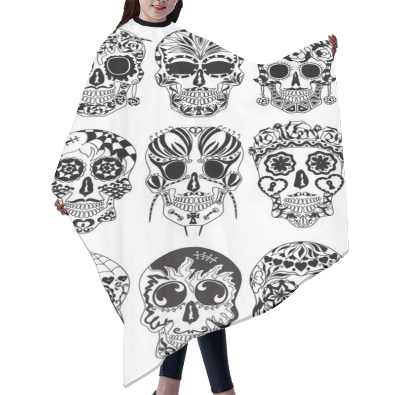 Personality  Mexican Holiday Day Of The Dead Celebration Festival And Halloween. Sugar Skulls Set  For Poster, Card, Print, Emblem, Sign, Tattoo, T-shirt, Background.  Black And White Vector Illustration. Hair Cutting Cape