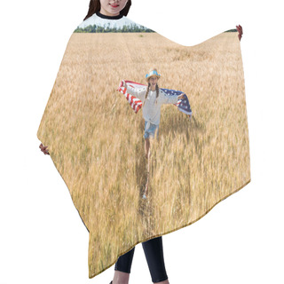 Personality  Cute And Happy Child Holding American Flag With Stars And Stripes In Golden Field  Hair Cutting Cape