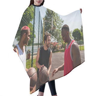 Personality  Smiling Man Holding Basketball Near African American Friends On Playground  Hair Cutting Cape
