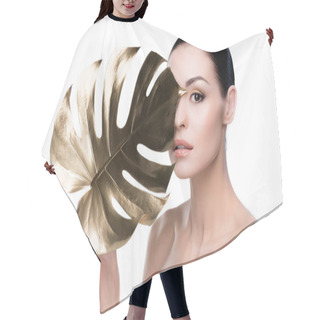 Personality  Woman With Big Golden Leaf Hair Cutting Cape
