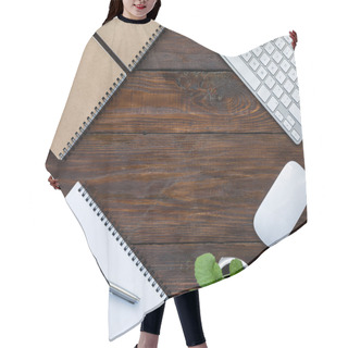 Personality  Dark Brown Wooden Desk With Stationery And Electronics Hair Cutting Cape