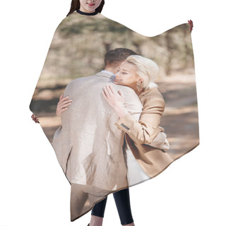 Personality  Happy Fashionable Couple Embracing And Smiling In Forest Hair Cutting Cape