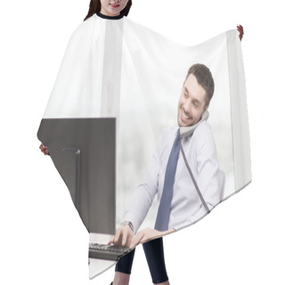 Personality  Smiling Businessman Or Student With Computer Hair Cutting Cape