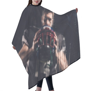 Personality  View Of American Football Player Holding Helmet On Black Through Wet Glass Hair Cutting Cape