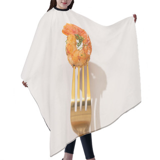 Personality  Top View Of Fried Shrimp On Golden Fork On White Background Hair Cutting Cape