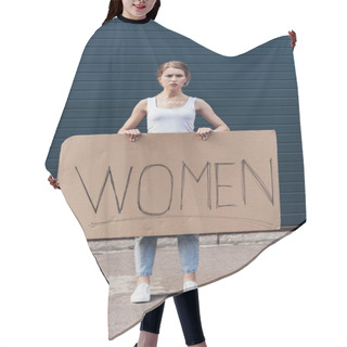 Personality  Full Length View Of Feminist Holding Placard With Word Women On Street Hair Cutting Cape