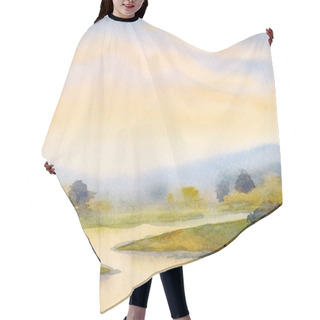 Personality  Handmade Bright Pink Watercolour Paint Sketch Quiet Fog Ravine Horizon View Scene On Paper Backdrop Space For Text. Hand Drawn Light Yellow Color Rainy Sundown Heaven Over Calm Wild Valley Park Creek Hair Cutting Cape