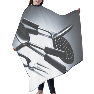 Personality  Close-up View Of Colander, Fork With Two Tines And Ladle On Grey Hair Cutting Cape