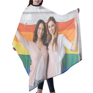 Personality  Cheerful Lesbian Couple Holding Lgbt Flag  Hair Cutting Cape