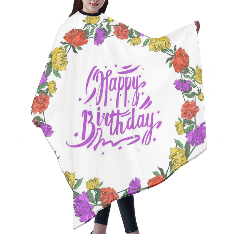 Personality  Vector Multicolored Peonies With Leaves Isolated On White. Round Frame Ornament With Happy Birthday Lettering. Hair Cutting Cape