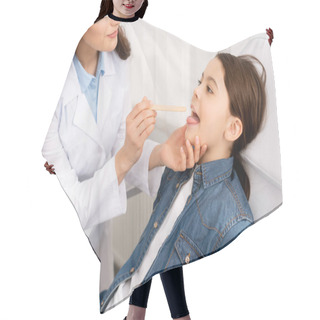 Personality  Partial View Of Otolaryngologist Examining Throat Of Kid With Tongue Depressor Hair Cutting Cape