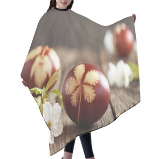 Personality  Brown Easter Eggs Dyed With Onion Peels With A Pattern Of Leaves On A Table, With Fresh Cherry Blossoms Hair Cutting Cape