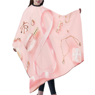Personality  Top View Of Accessories, Perfume And Ribbon In Shape Of 8 Sign On Pink Background  Hair Cutting Cape
