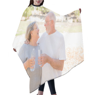 Personality  Happy Healthy Senior Couple With Water Bottles Hair Cutting Cape