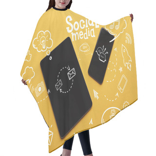 Personality  Top View Of Digital Tablet And Smartphone With Social Media Illustration On Yellow Background Hair Cutting Cape