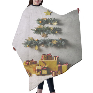 Personality  Handmade Christmas Tree And Star Hanging On Grey Wall, Gift Boxes On Floor In Room Hair Cutting Cape