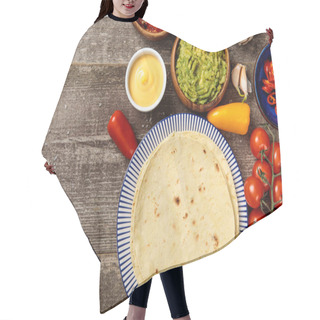 Personality  Top View Of Mexican Tortilla With Guacamole, Cheese Sauce And Salsa On Weathered Wooden Table With Copy Space Hair Cutting Cape