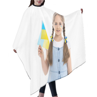 Personality  Patriotic Girl With Blue And Yellow Stars And Ribbons Holding Ukrainian Flag Isolated On White Hair Cutting Cape