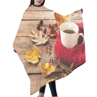 Personality  Hot Coffee And Autumn Leaves On Vintage Wood Background Hair Cutting Cape