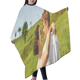 Personality  Happy Newlyweds Smiling And Hugging In Green Field, Asian Bride In White Dress And Groom, Banner Hair Cutting Cape