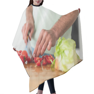 Personality  Cropped View Of Man Cutting Cherry Tomatoes Near Fresh Lettuce In Kitchen Hair Cutting Cape