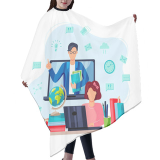 Personality  Online Education, Home Schooling Concept. Student Is Doing Homework On Computer. Male Teacher On Laptop Screen. Vector Illustration On White Background. Flat Cartoon Style Design. Hair Cutting Cape