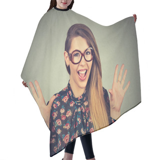 Personality  Super Excited Funky Looking Girl In Glasses Screaming  Hair Cutting Cape