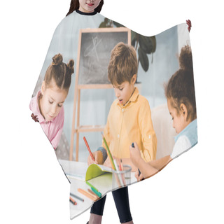 Personality  Adorable Little Multiethnic Kids Drawing And Studying Together   Hair Cutting Cape