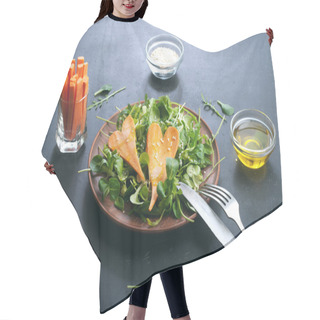 Personality  Concept Diet Food. Salad With Arugula, Leaf Mash And Carrots On A Dark Background. Vegetarian Healthy Dish That Promotes Weight Loss. Hair Cutting Cape