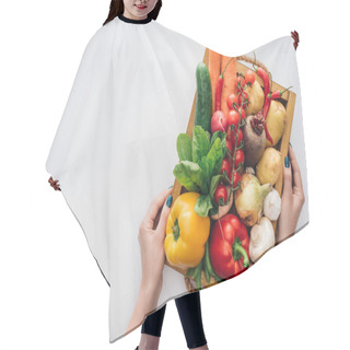 Personality  Cropped Shot Of Person Holding Box With Fresh Ripe Organic Vegetables Isolated On White  Hair Cutting Cape