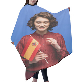 Personality  Happy Language Teacher Smiling While Looking At Flag Of Spain Isolated On Blue  Hair Cutting Cape