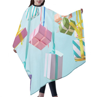 Personality  Festive Colorful Gift Boxes Hanging On Ribbons Isolated On Blue Hair Cutting Cape