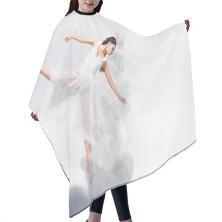 Personality  Young Graceful Ballerina In White Dress Dancing In Grey Smoke On Grey Background Hair Cutting Cape