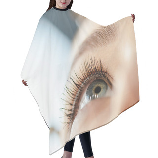 Personality  Low Angle View Of Woman With Mascara On Eyelashes  Hair Cutting Cape