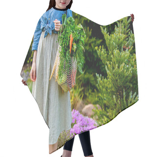 Personality  Woman Holds A String Bag  With Vegetables In Garden Hair Cutting Cape