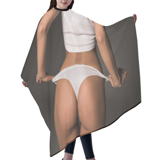 Personality  Partial View Of Sexy Girl Taking Off White Panties On Dark Background Hair Cutting Cape