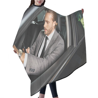 Personality  Attractive Elegant Man With Dapper Style With Tie Sitting Behind Steering Wheel, Business Concept Hair Cutting Cape