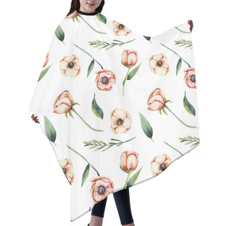Personality  Watercolor Coral Anemone Flowers And Green Leaves Seamless Pattern, Hand Painted On A White Background Hair Cutting Cape