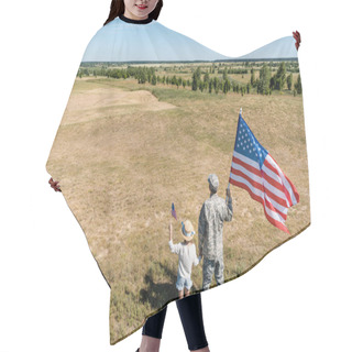 Personality  Back View Of Military Father And Patriotic Kid Holding American Flags  Hair Cutting Cape