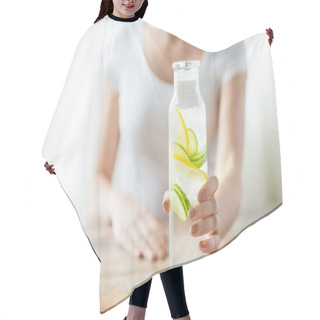Personality  Close Up Of Woman With Fruit Water In Glass Bottle Hair Cutting Cape