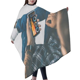 Personality  Cropped View Of Man Using Smartphone With Charts And Graphs Hair Cutting Cape