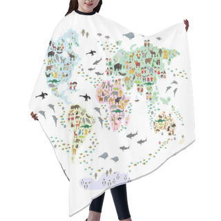 Personality  Cartoon Animal World Map For Children And Kids, Back To Schhool. Animals From All Over The World White Continents Islands Isolated On White Background Of Ocean And Sea. Scandinavian Decor. Vector Hair Cutting Cape
