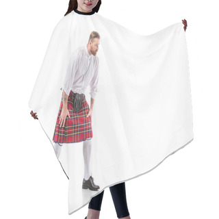 Personality  Scottish Redhead Man In Red Kilt In Pose On White Background Hair Cutting Cape