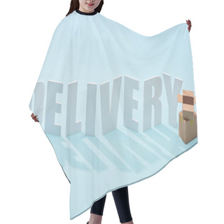 Personality  Cardboard Boxes One On Each Other Near White Delivery Inscription On Blue Background  Hair Cutting Cape