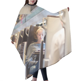 Personality  Lady Traveling By Train. Hair Cutting Cape