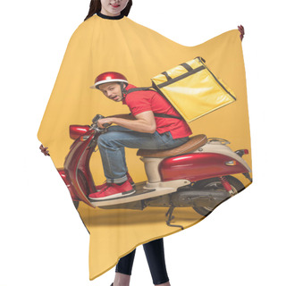 Personality  Side View Of Delivery Man With Backpack On Scooter On Yellow Background Hair Cutting Cape