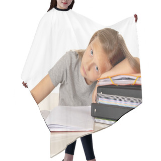 Personality  Tired Young Cute Blonde Schoolgirl With Learning Difficulties Thinking About Studying. Education Problems Concept  On Isolated On White Background Hair Cutting Cape