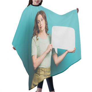 Personality  Skeptical Girl Grimacing While Holding Speech Bubble On Blue Background Hair Cutting Cape