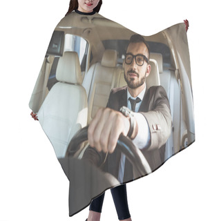 Personality  Cheerful Handsome Driver In Suit And Glasses Driving Car Hair Cutting Cape