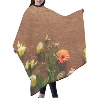 Personality  Top View Of Blooming Colorful Spring Flowers On Wooden Background Hair Cutting Cape